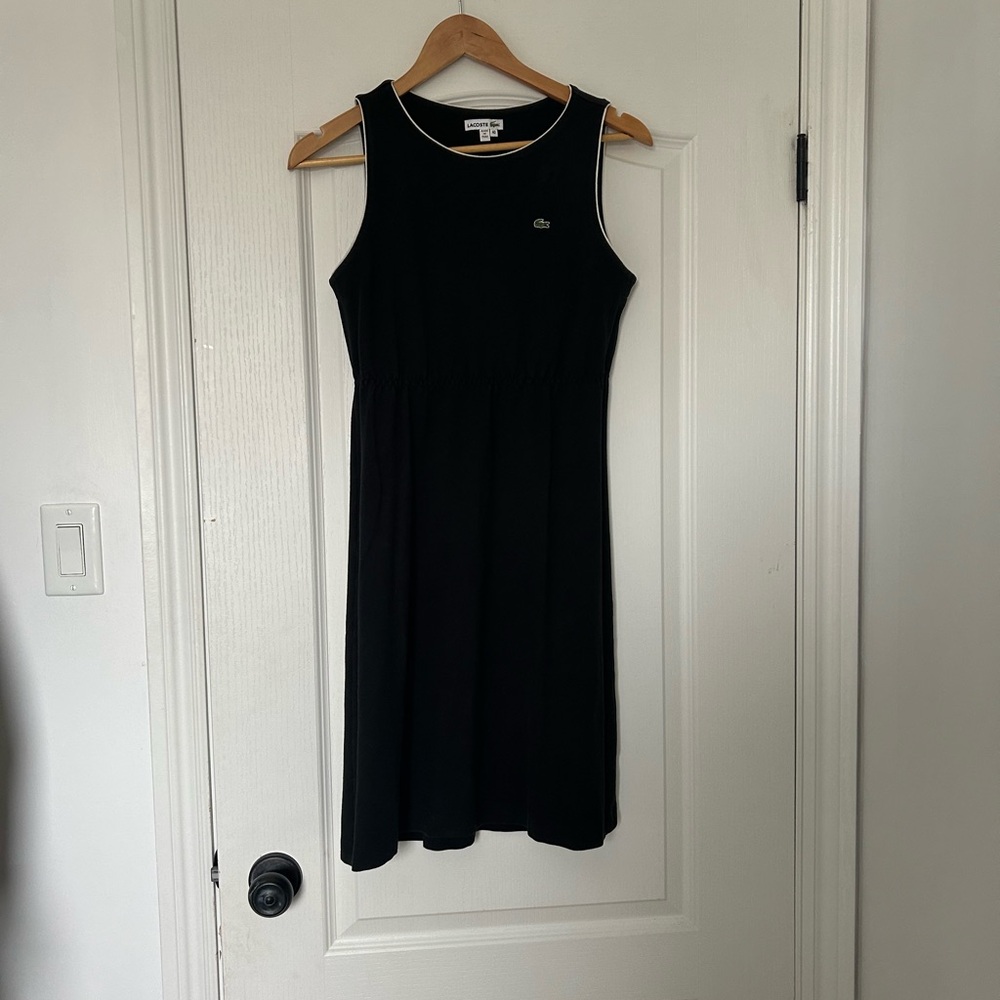 Lacoste Black Sleeveless Midi Dress with White Trim and Crocodile Logo